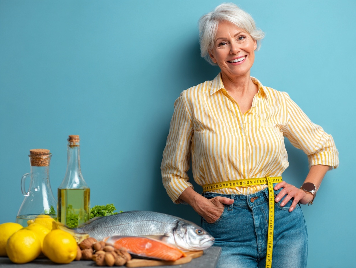 Frau mit Maßband um die Taille, daneben gesunde Lebensmittel mit Selen (z. B. Paranüsse, Fisch)