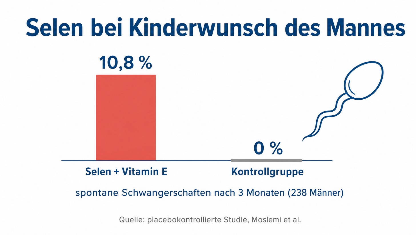 Infografik: Selen plus Vitamin E führte bei 10,8 Prozent der Paare zu spontaner Schwangerschaft gegenüber 0 Prozent in der Kontrollgruppe