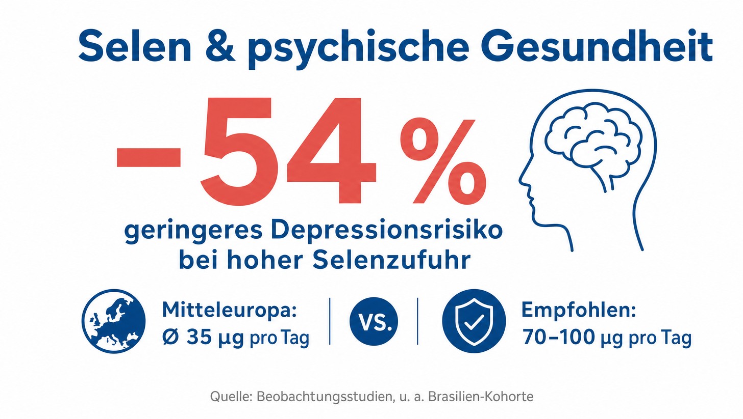 Infografik: Hohe Selenzufuhr senkt das Depressionsrisiko um 54 Prozent; Mitteleuropa nur 35 µg statt empfohlener 70–100 µg pro Tag
