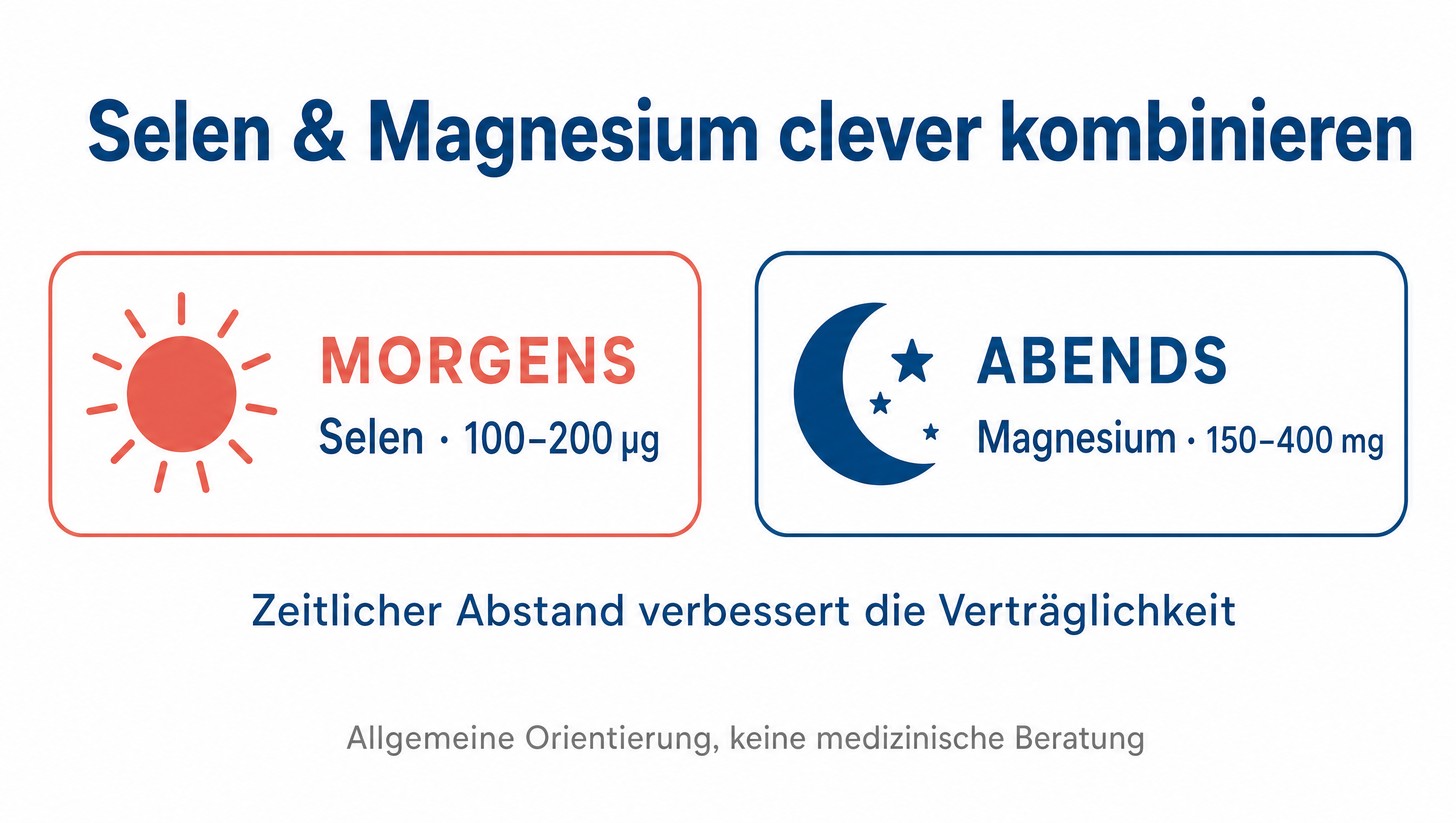 Infografik: Selen 100–200 µg morgens und Magnesium 150–400 mg abends sinnvoll kombinieren